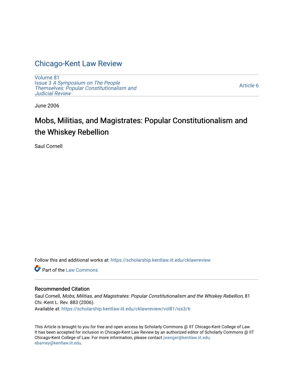 Mobs, Militias, and Magistrates: Popular Constitutionalism and the Whiskey Rebellion