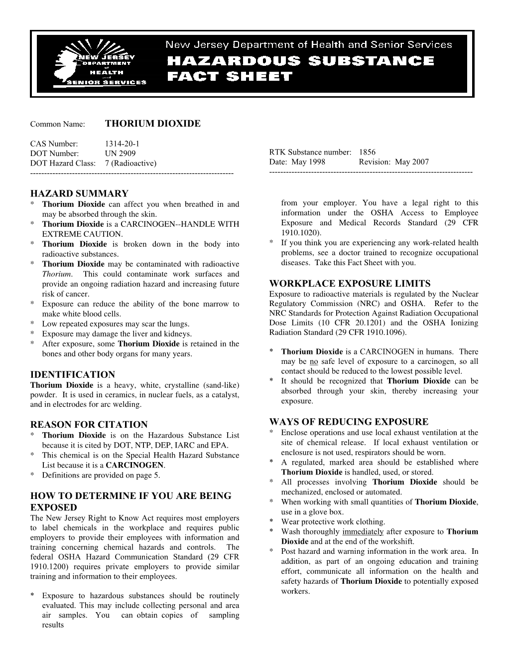 Thorium Dioxide Hazard Summary Identification