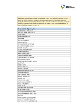 We Refer to Reserve Bank of India's Circular Dated June 6, 2012