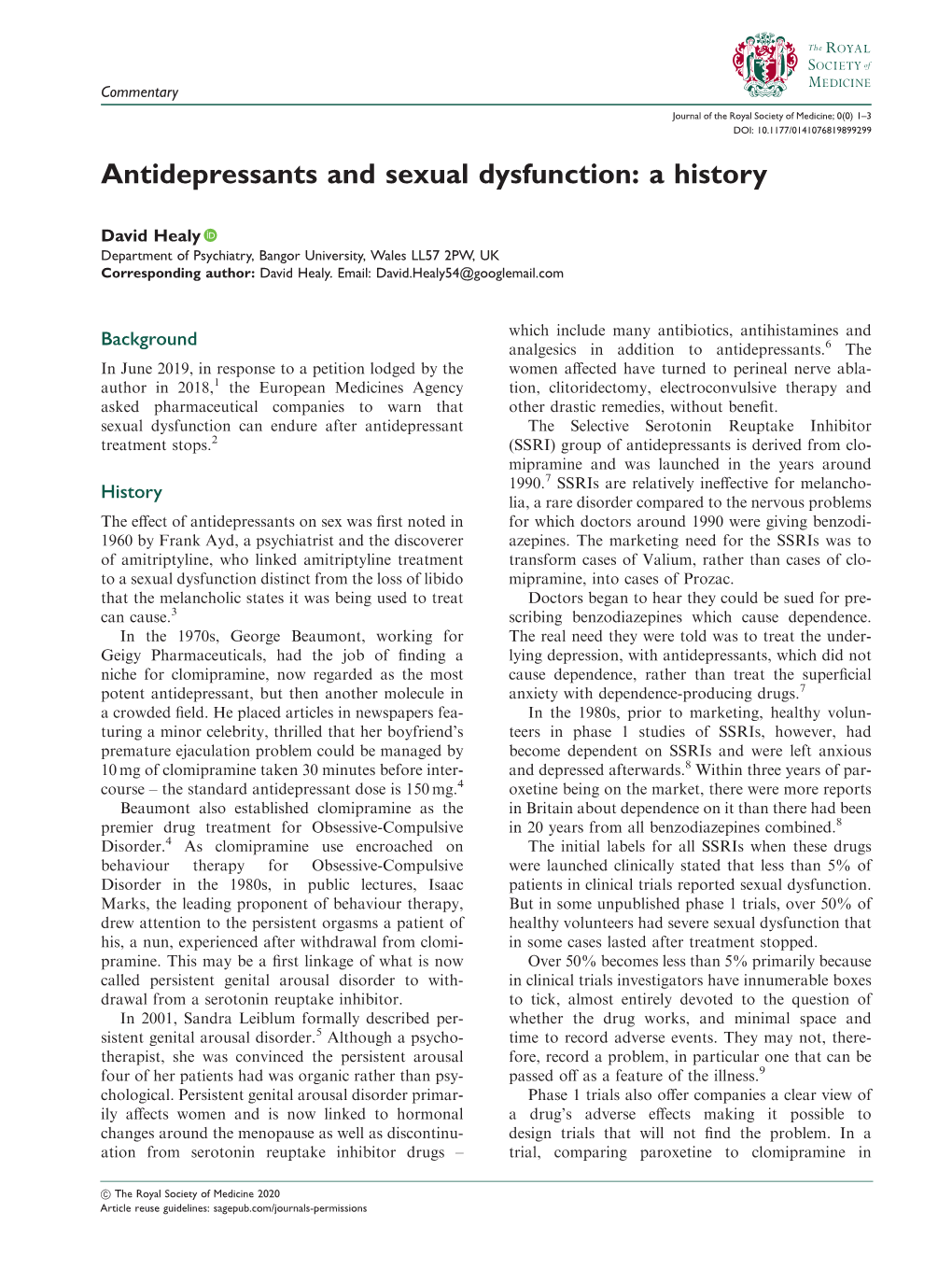 Antidepressants and Sexual Dysfunction: a History