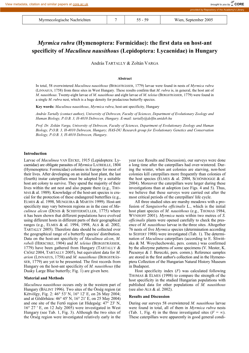 The First Data on Host-Ant Specificity of Maculinea Nausithous (Lepidoptera: Lycaenidae) in Hungary