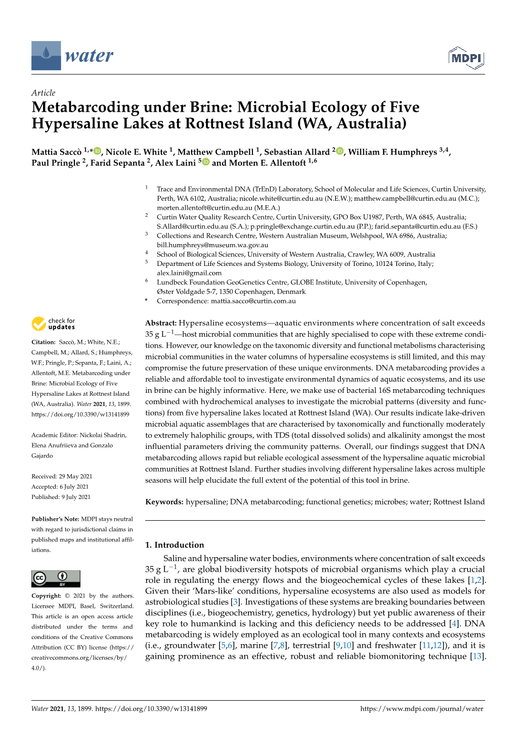 Metabarcoding Under Brine: Microbial Ecology of Five Hypersaline Lakes at Rottnest Island (WA, Australia)