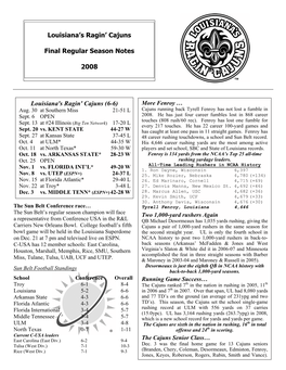 Louisiana's Ragin' Cajuns Final Regular Season Notes 2008