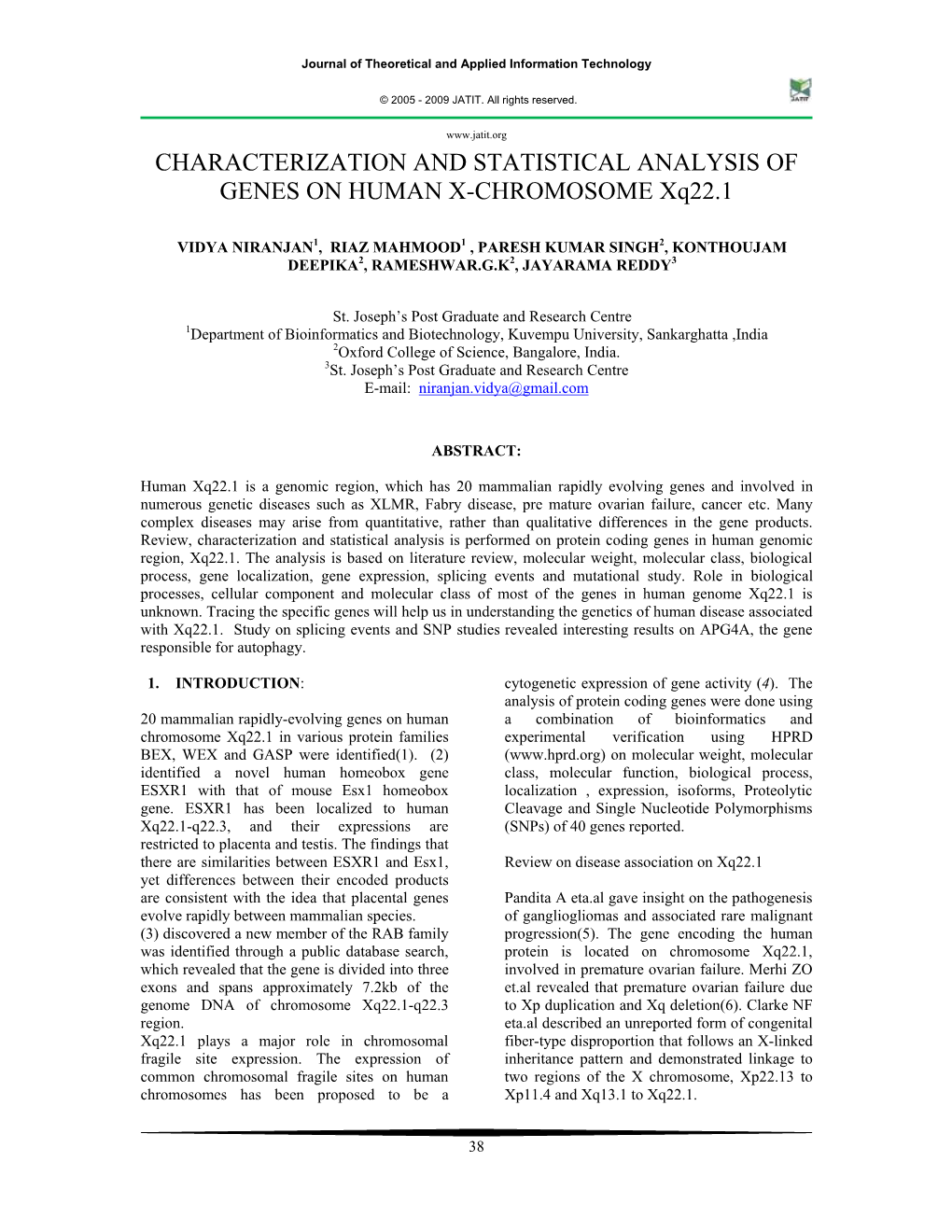 CHARACTERIZATION and STATISTICAL ANALYSIS of GENES on HUMAN X-CHROMOSOME Xq22.1