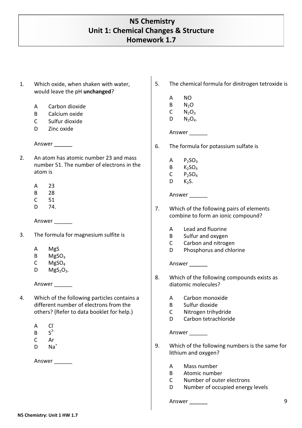 N5 Chemistry Unit 1: Chemical Changes & Structure Homework