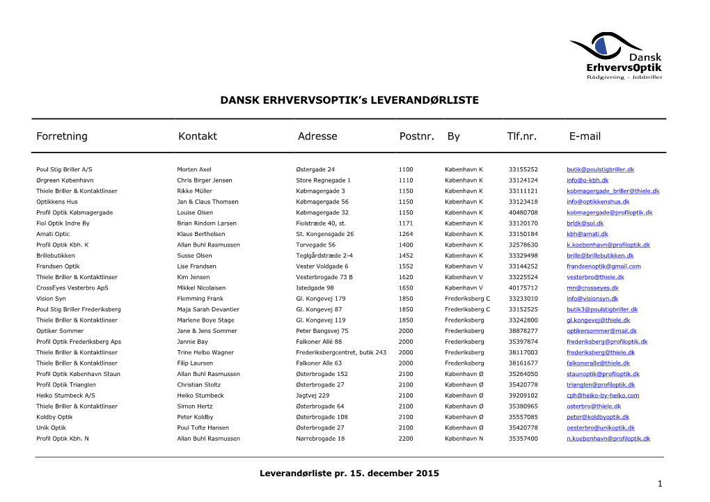 DANSK ERHVERVSOPTIK's LEVERANDØRLISTE Forretning