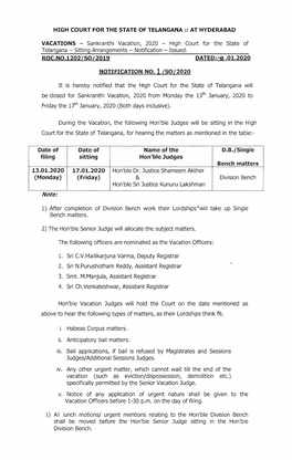 Sankranthi Vacation, 2020 - High Court for the State of Telangana - Sitting Arrangements - Notification - Issued