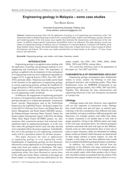 Engineering Geology in Malaysia – Some Case Studies Tan Boon Kong