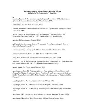Term Papers in the Menno Simons Historical Library Alphabetical Order by Author’S Last Name