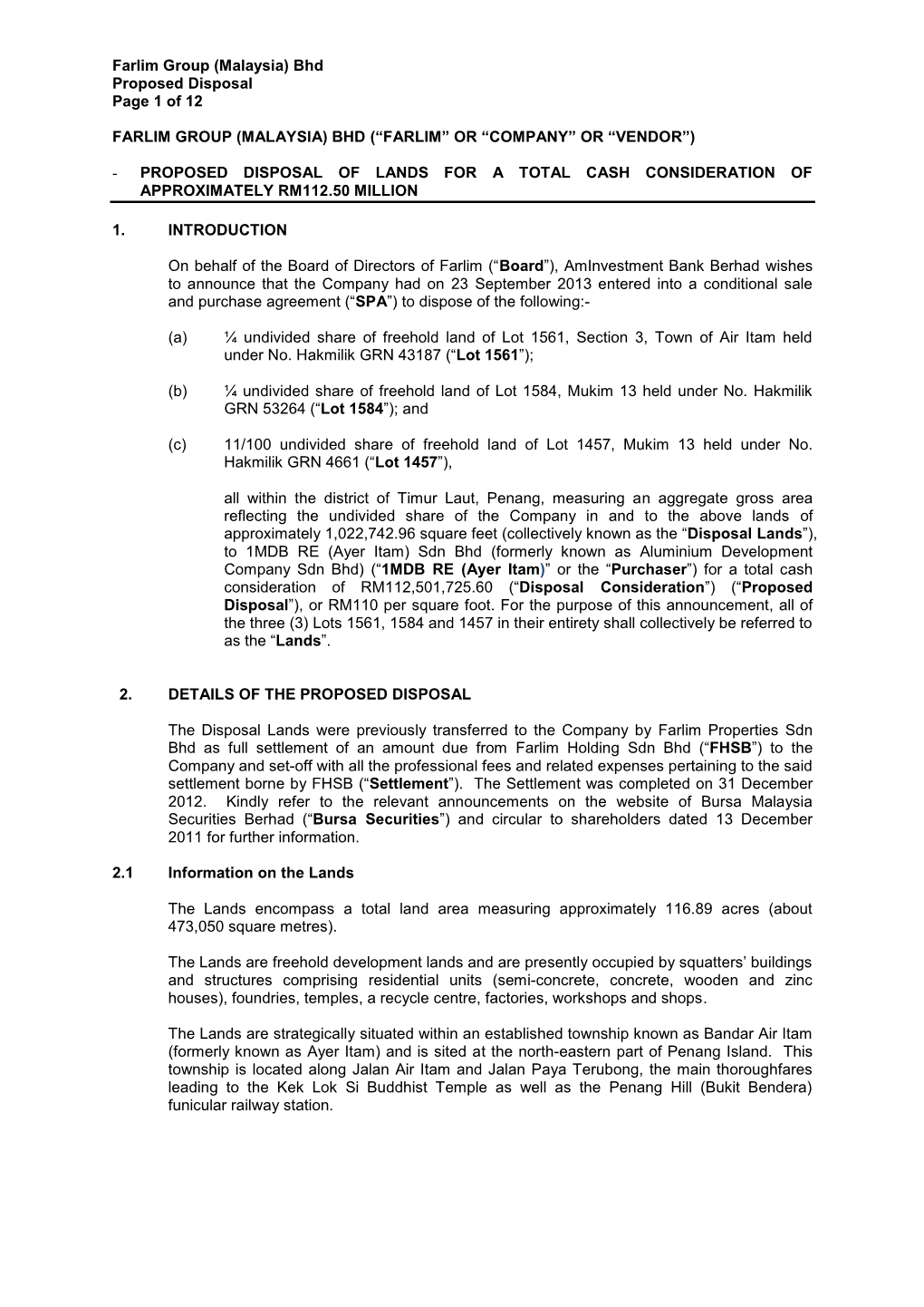 Farlim Group (Malaysia) Bhd Proposed Disposal Page 1 of 12