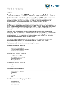 Finalists Announced for 2018 Australian Insurance Industry Awards