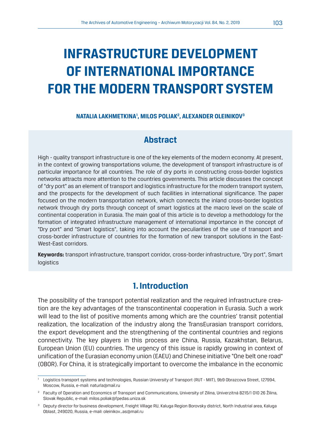 Infrastructure Development of International Importance for the Modern Transport System