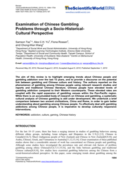 Examination of Chinese Gambling Problems Through a Socio-Historical- Cultural Perspective