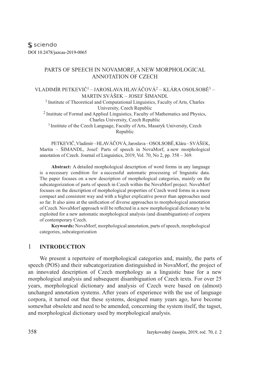 Parts of Speech in Novamorf, a New Morphological Annotation of Czech