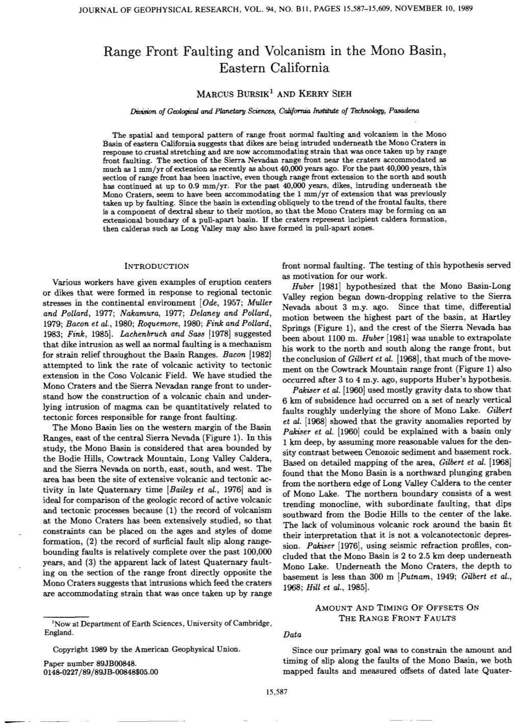 Range Front Faulting and Volcanism in the Mono Basin, Eastern California