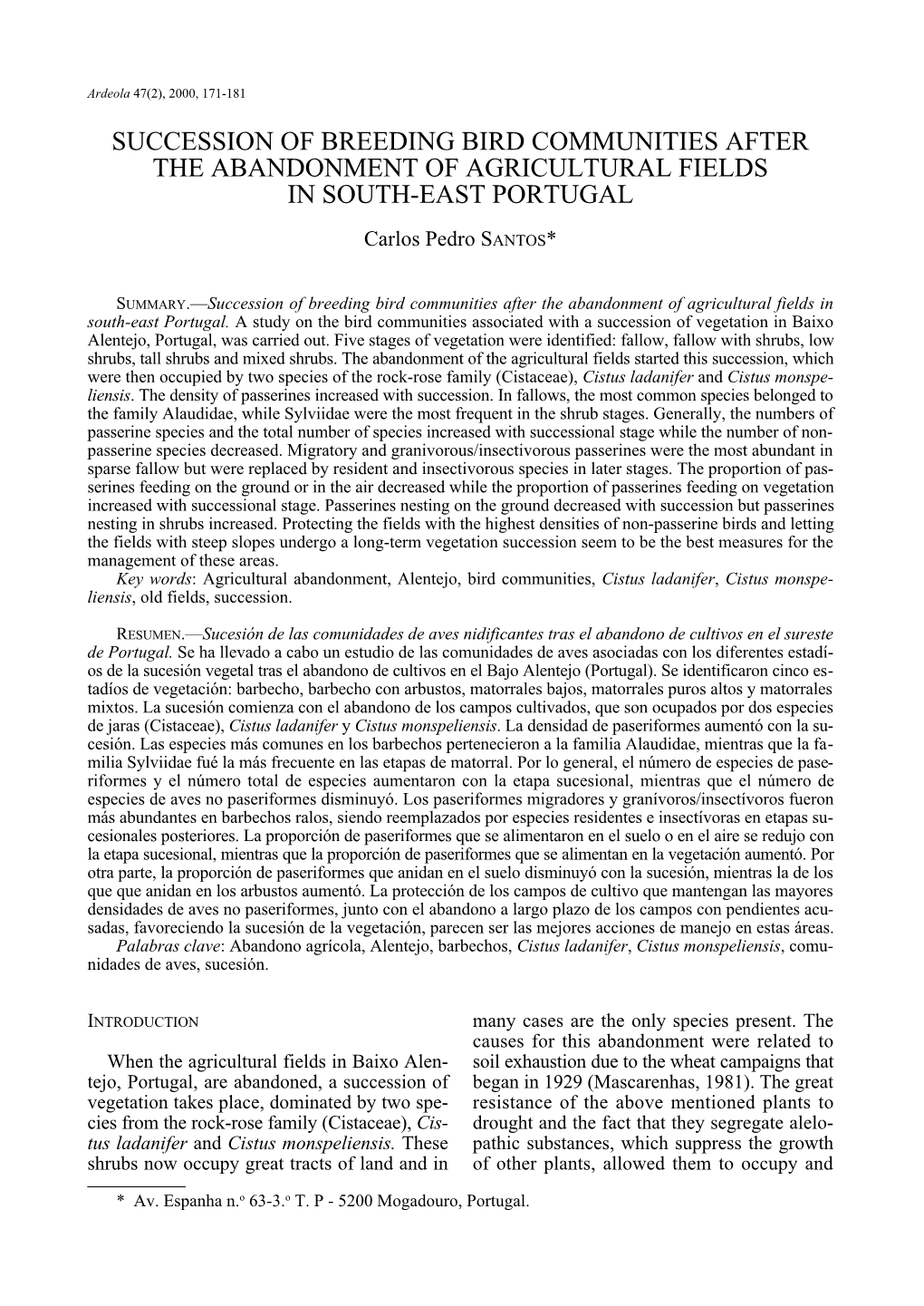 Succession of Breeding Bird Communities After the Abandonment of Agricultural Fields in South-East Portugal