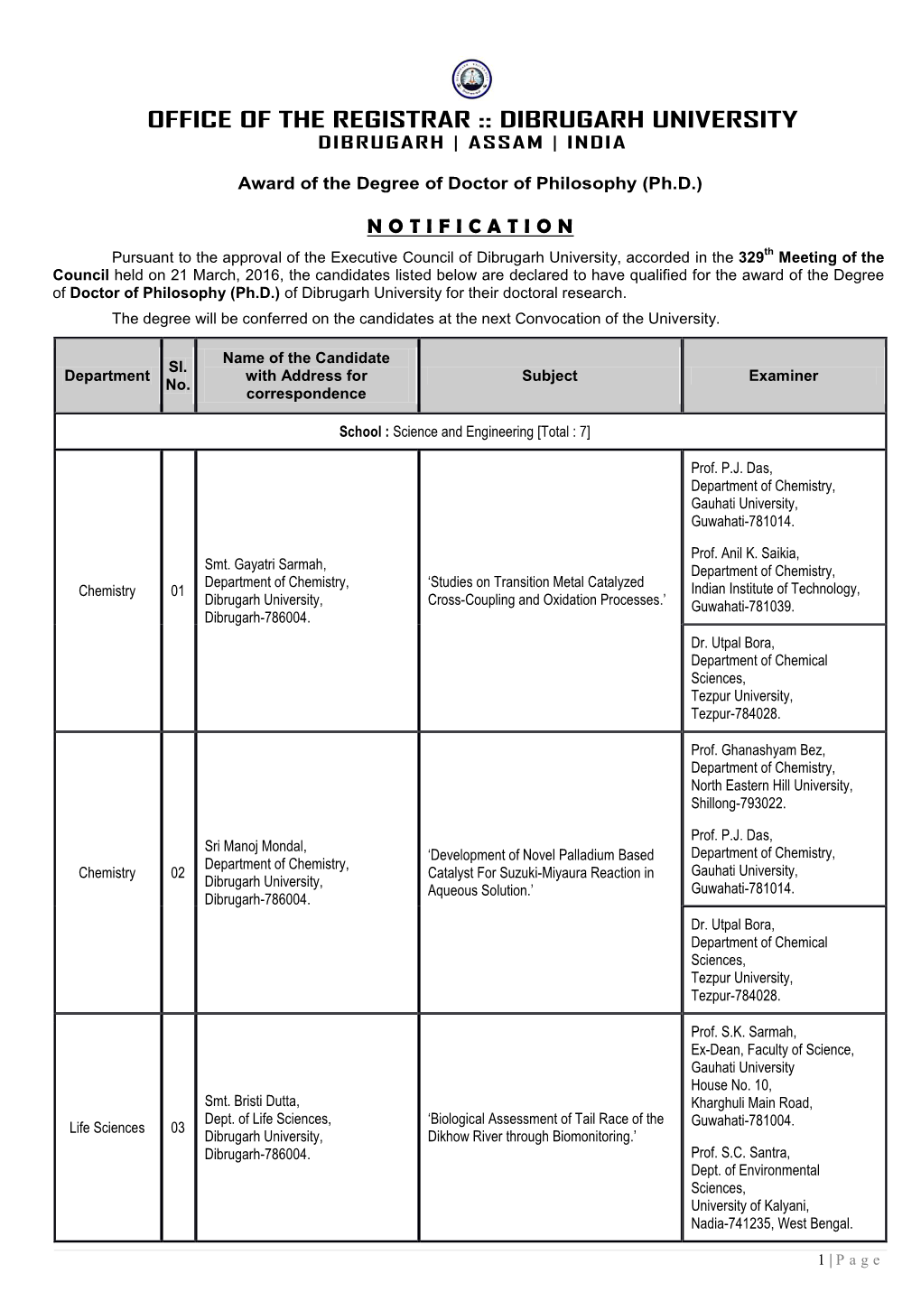 Office of the Registrar :: Dibrugarh University Dibrugarh | Assam | India