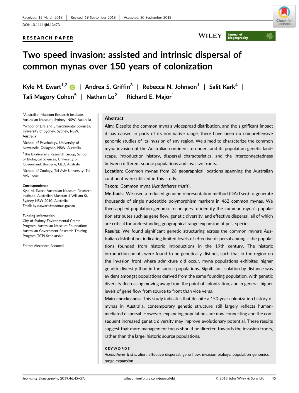 Two Speed Invasion: Assisted and Intrinsic Dispersal of Common Mynas Over 150 Years of Colonization