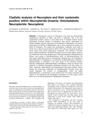 Cladistic Analysis of Neuroptera and Their Systematic Position Within Neuropterida (Insecta: Holometabola: Neuropterida: Neuroptera)