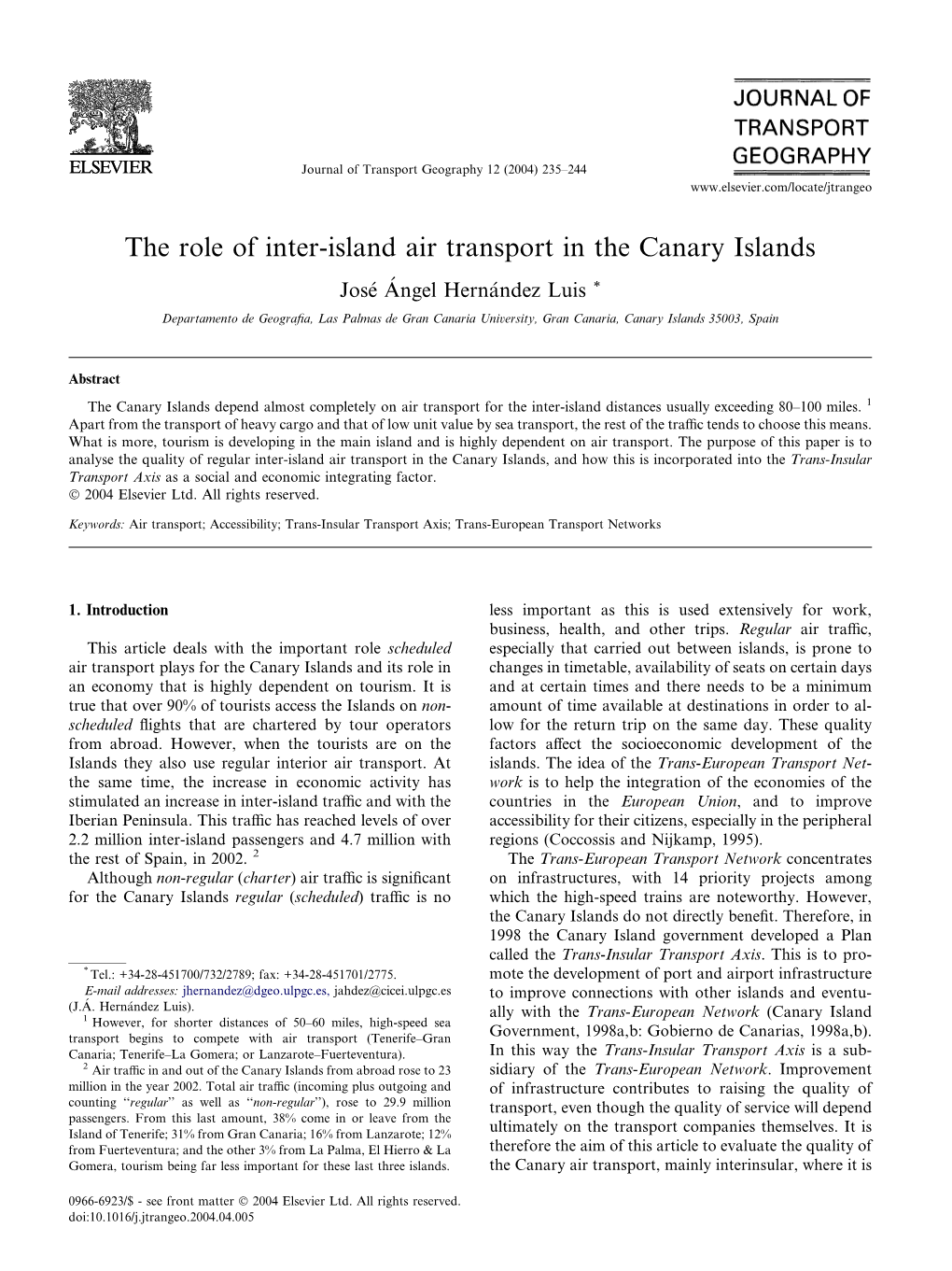 The Role of Inter-Island Air Transport in the Canary Islands