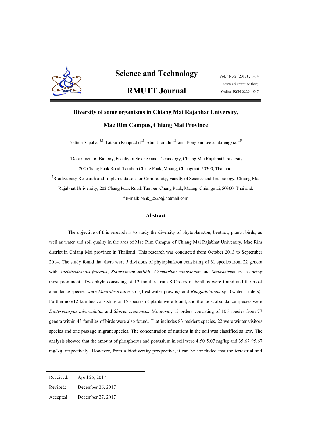 Science and Technology RMUTT Journal