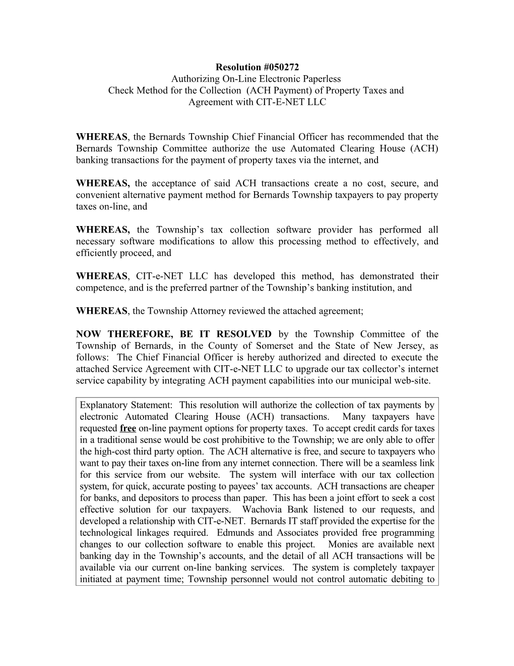 Bernards Twp Resolution