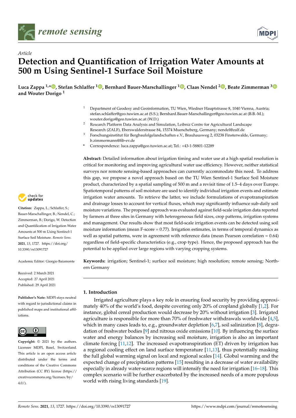 Detection and Quantification of Irrigation Water Amounts at 500 M