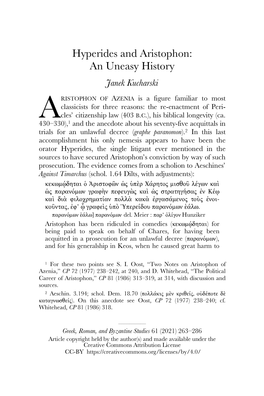 Hyperides and Aristophon: an Uneasy History Janek Kucharski