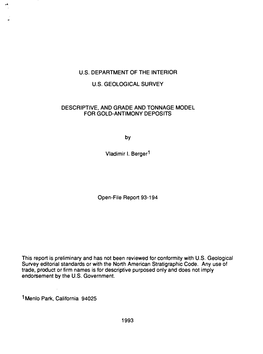 Descriptive, and Grade and Tonnage Model for Gold-Antimony Deposits