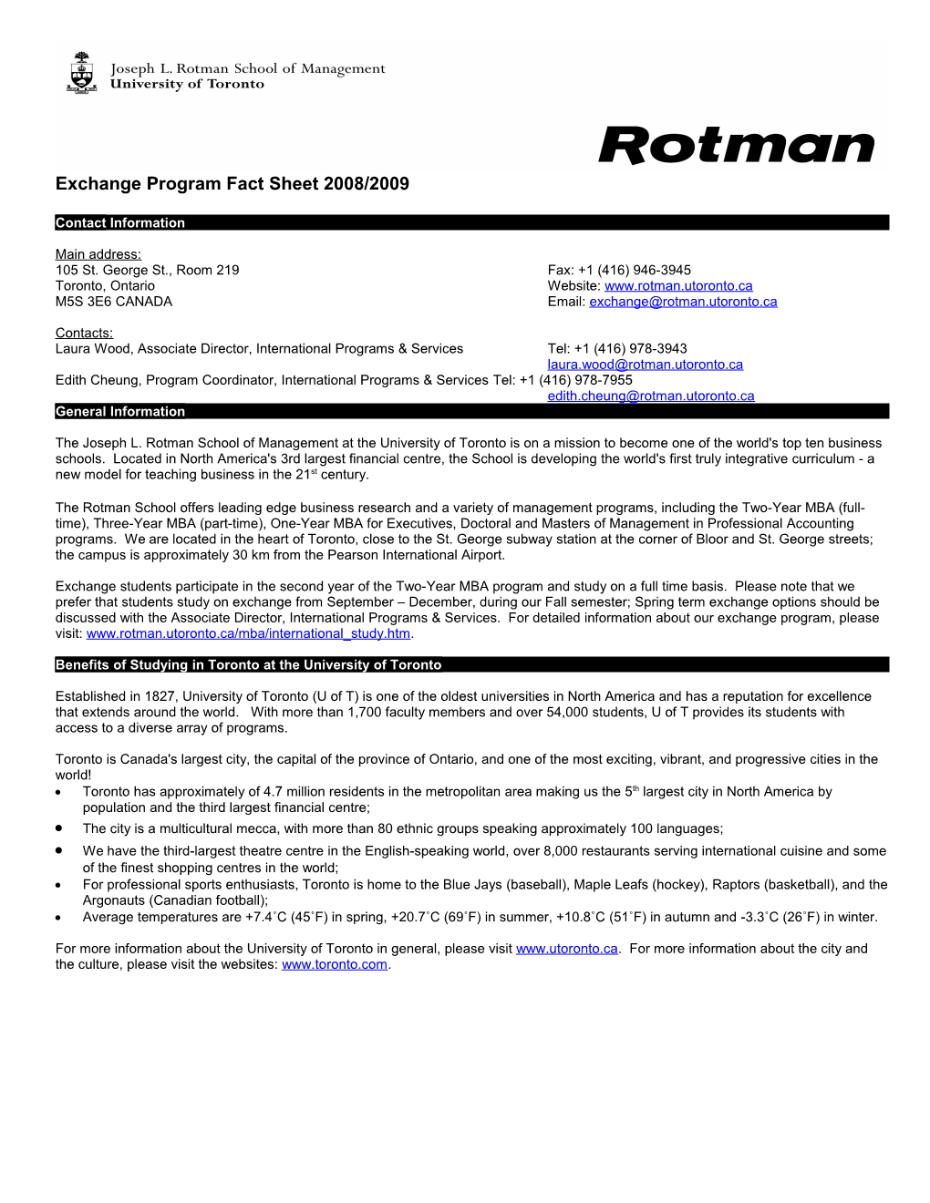 Exchange Program Rotman Fact Sheet