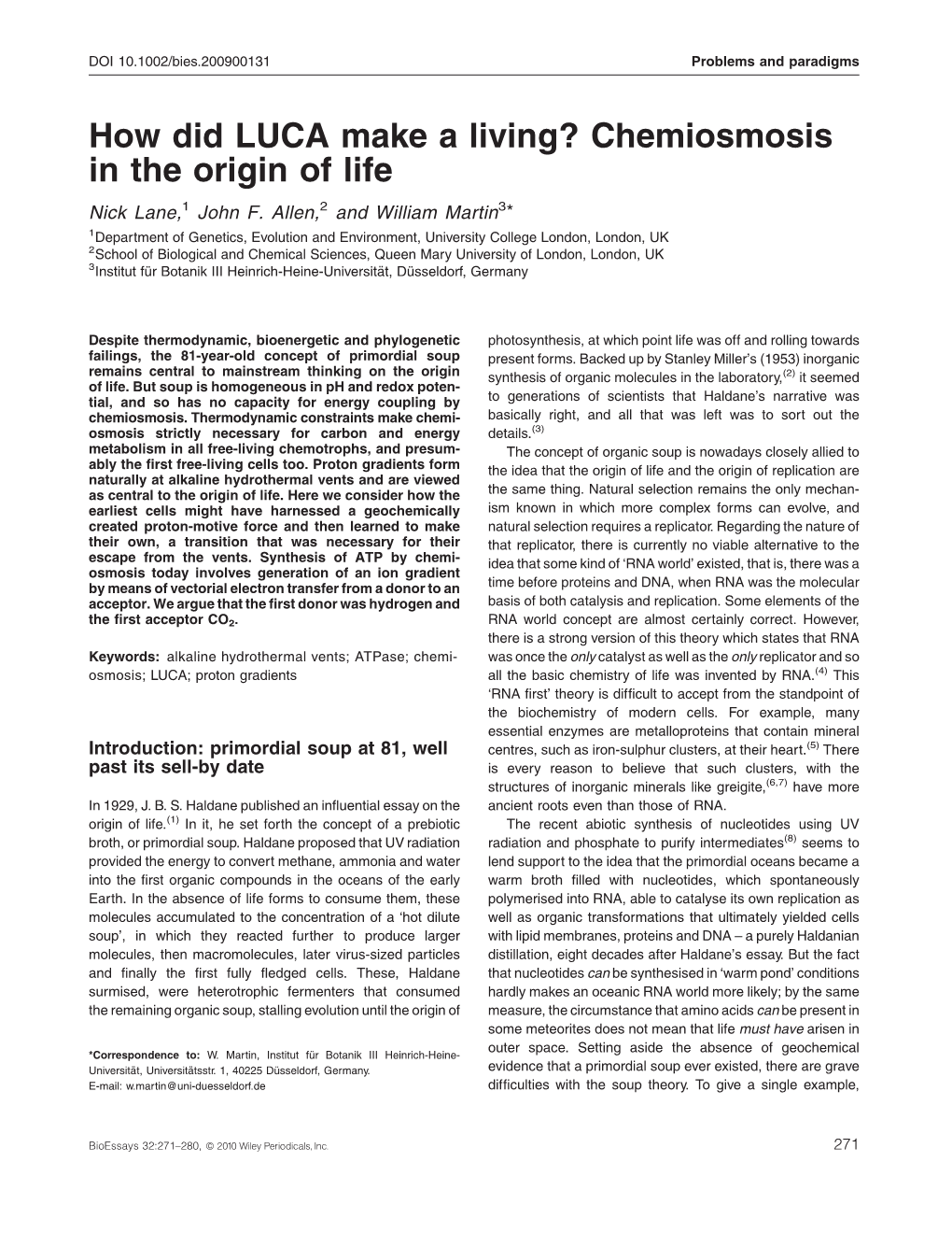 Chemiosmosis in the Origin of Life Nick Lane,1 John F