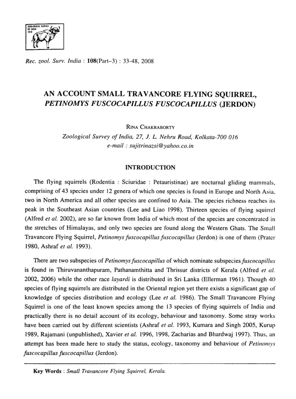 An Account Small Tra V Ancore Flying Squirrel, Petinomys Fuscocapillus