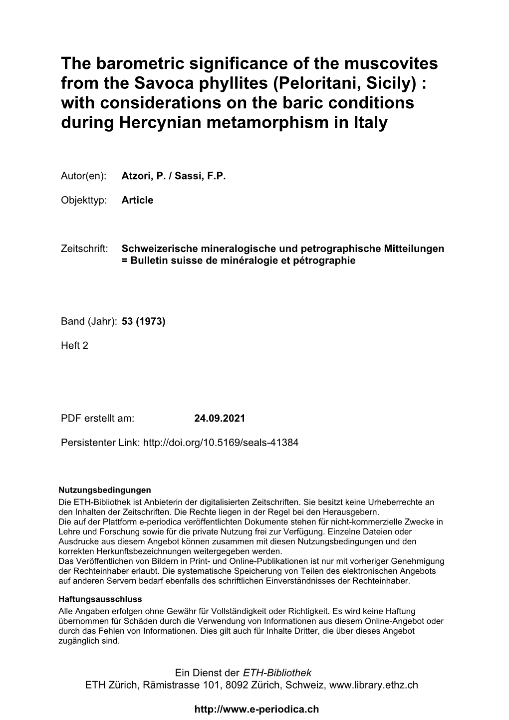 The Barometric Significance of the Muscovites from the Savoca Phyllites