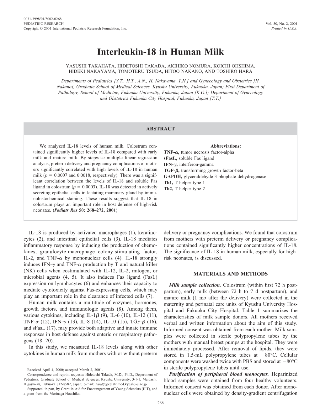 Interleukin-18 in Human Milk