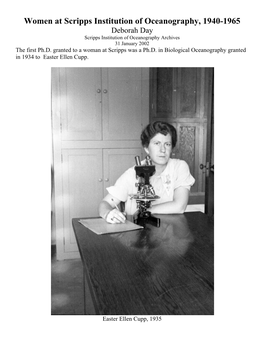 Women at Scripps Institution of Oceanography, 1940-1965 Deborah Day Scripps Institution of Oceanography Archives 31 January 2002 the First Ph.D