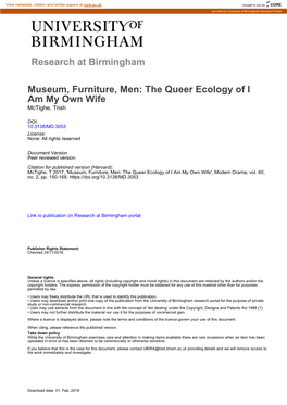 Museum, Furniture, Men: the Queer Ecology of I Am My Own Wife Mctighe, Trish