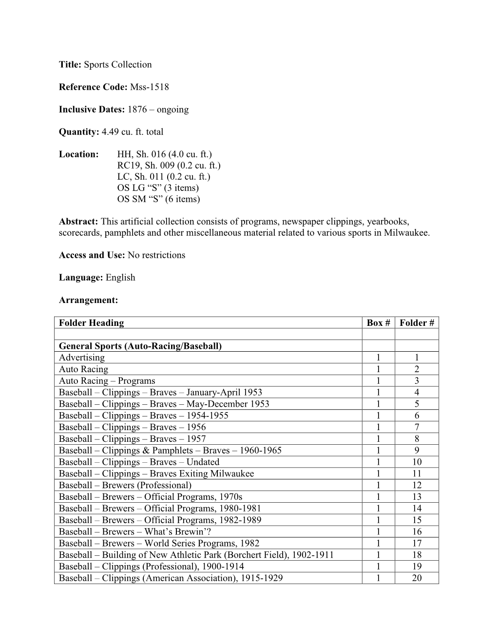 Title: Sports Collection Reference Code: Mss-1518 Inclusive Dates