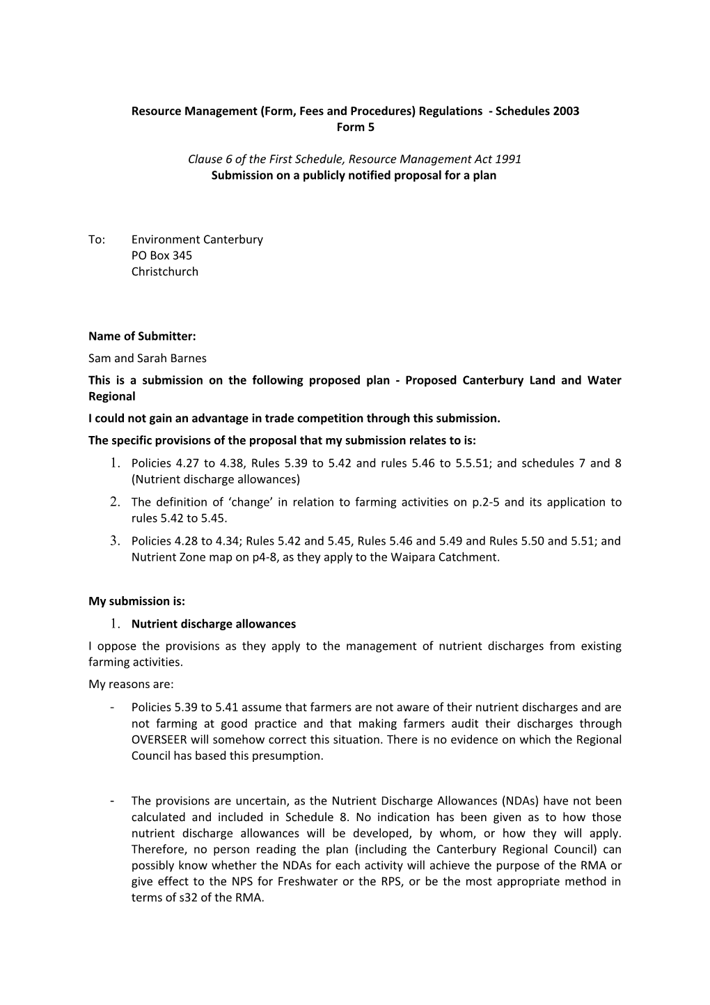 Resource Management (Form, Fees and Procedures) Regulations - Schedules 2003