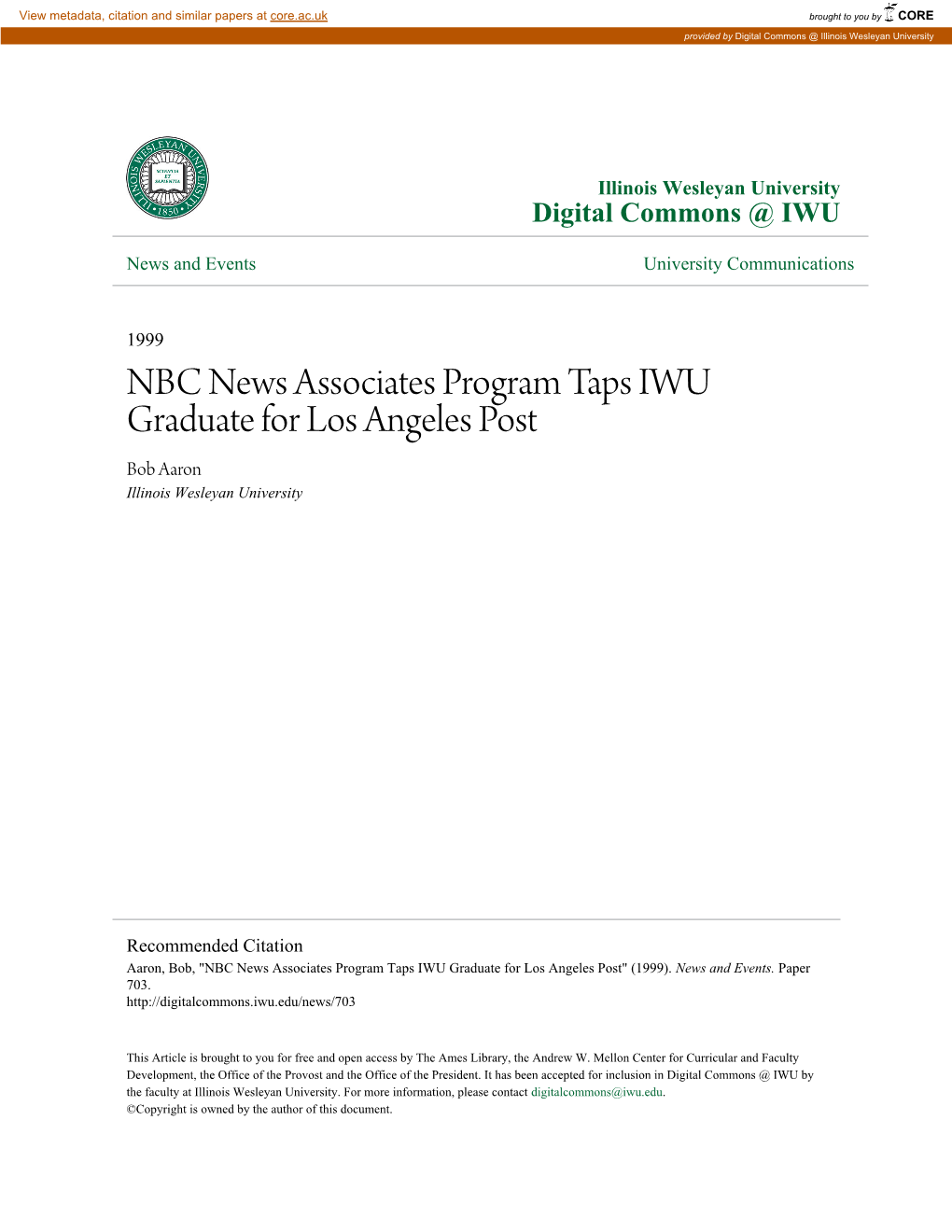 NBC News Associates Program Taps IWU Graduate for Los Angeles Post Bob Aaron Illinois Wesleyan University