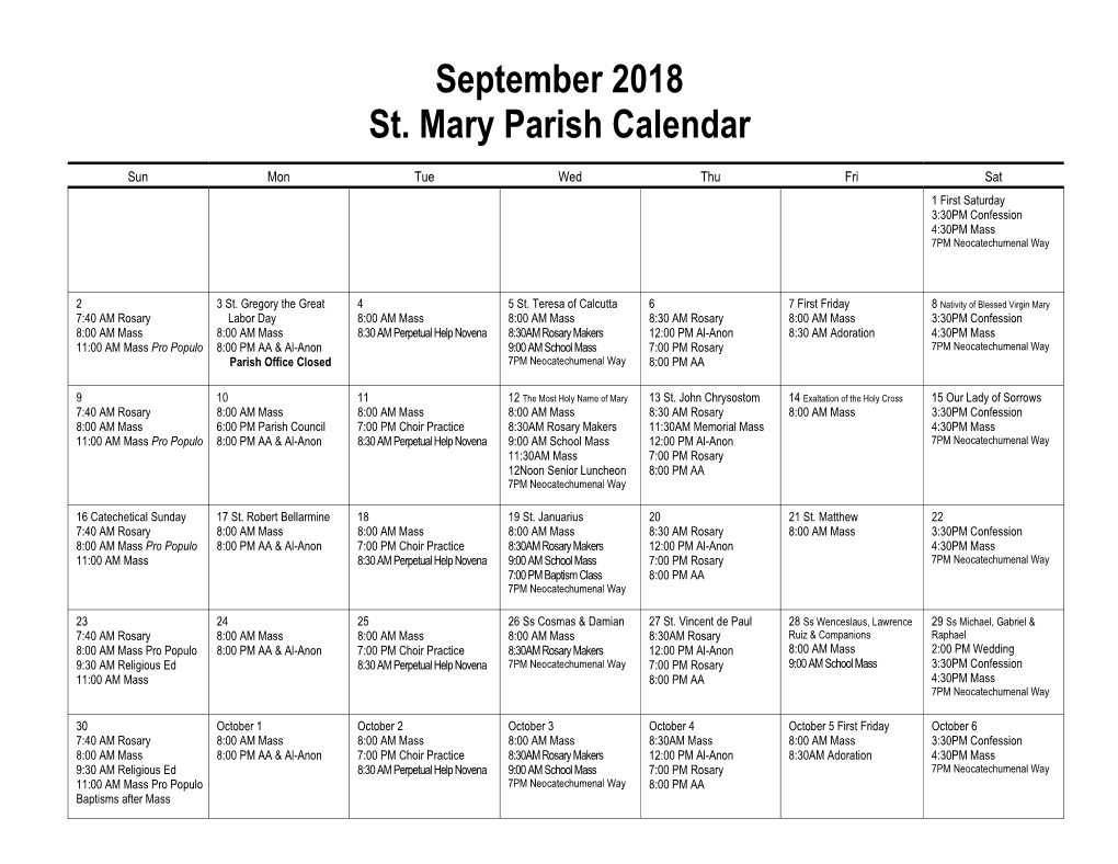 September 2018 St. Mary Parish Calendar