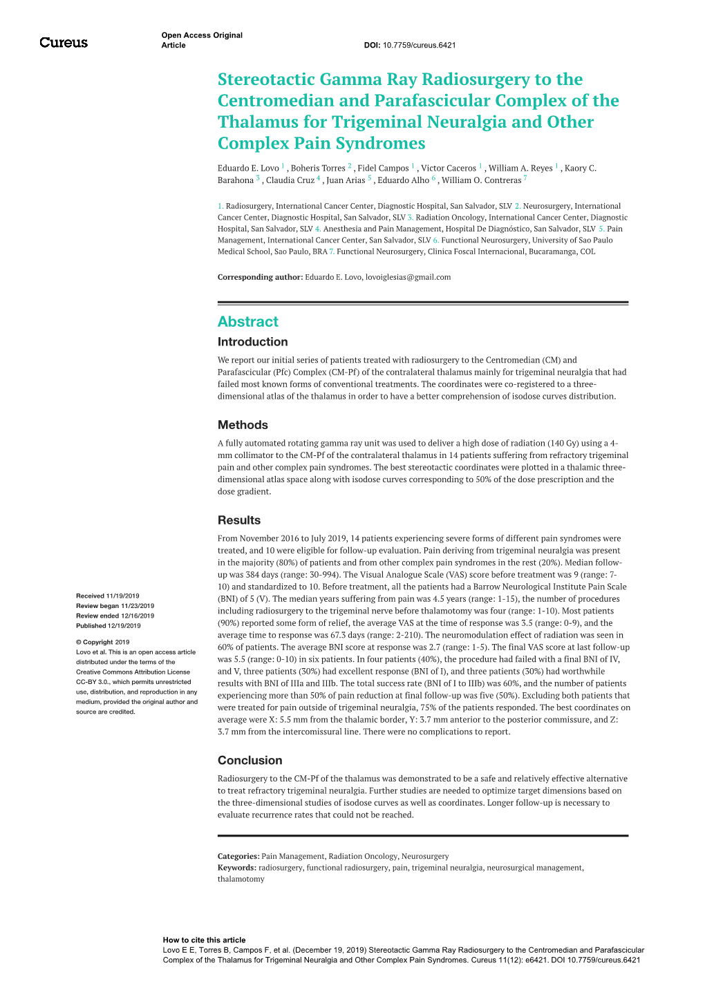 Stereotactic Gamma Ray Radiosurgery to the Centromedian and Parafascicular Complex of the Thalamus for Trigeminal Neuralgia and Other Complex Pain Syndromes