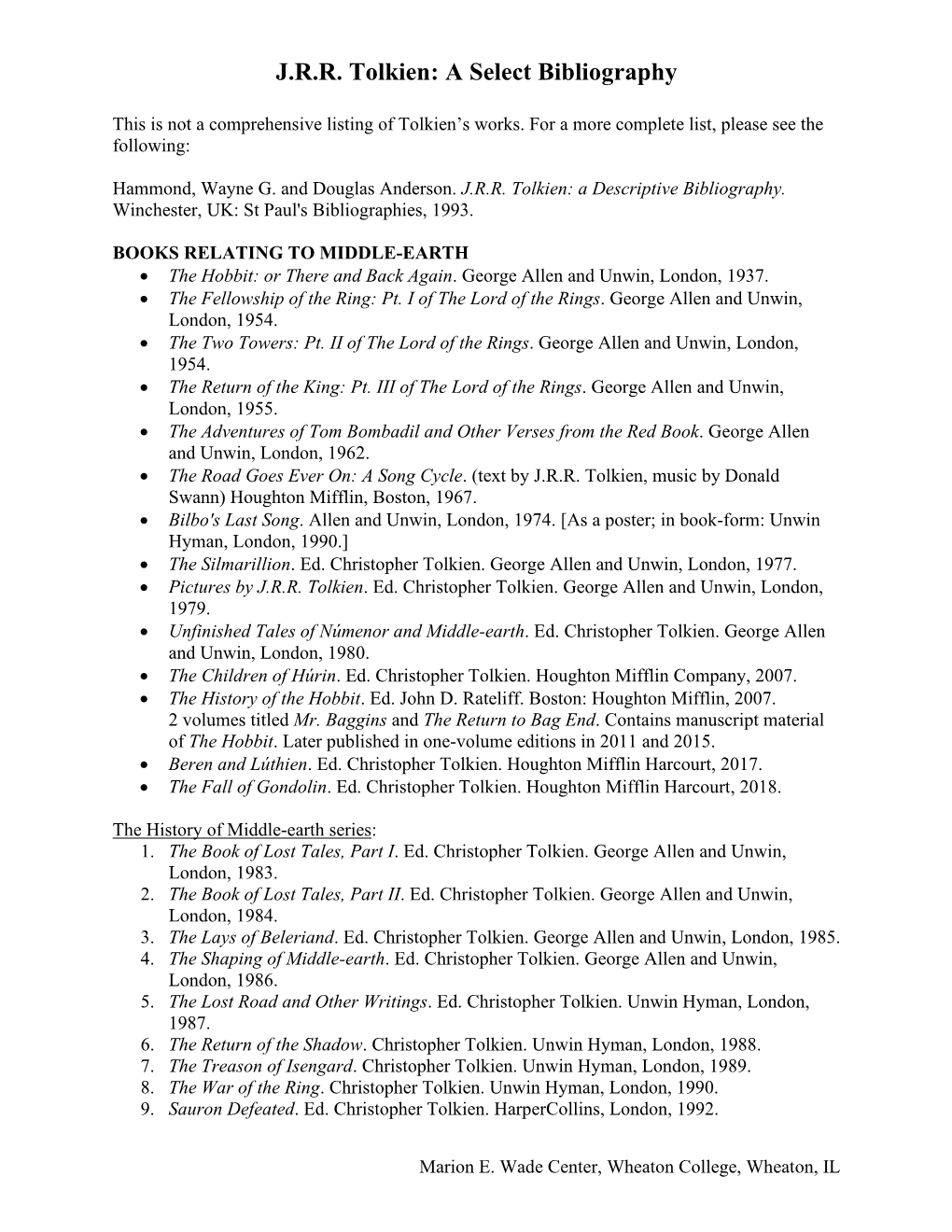 Select Bibliography of the Works of J.R.R. Tolkien