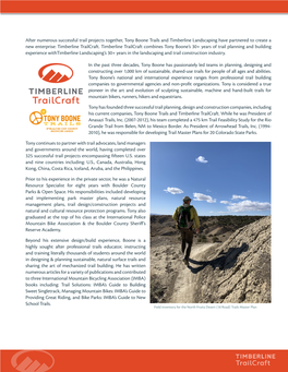 After Numerous Successful Trail Projects Together, Tony Boone Trails and Timberline Landscaping Have Partnered to Create a New Enterprise: Timberline Trailcraft