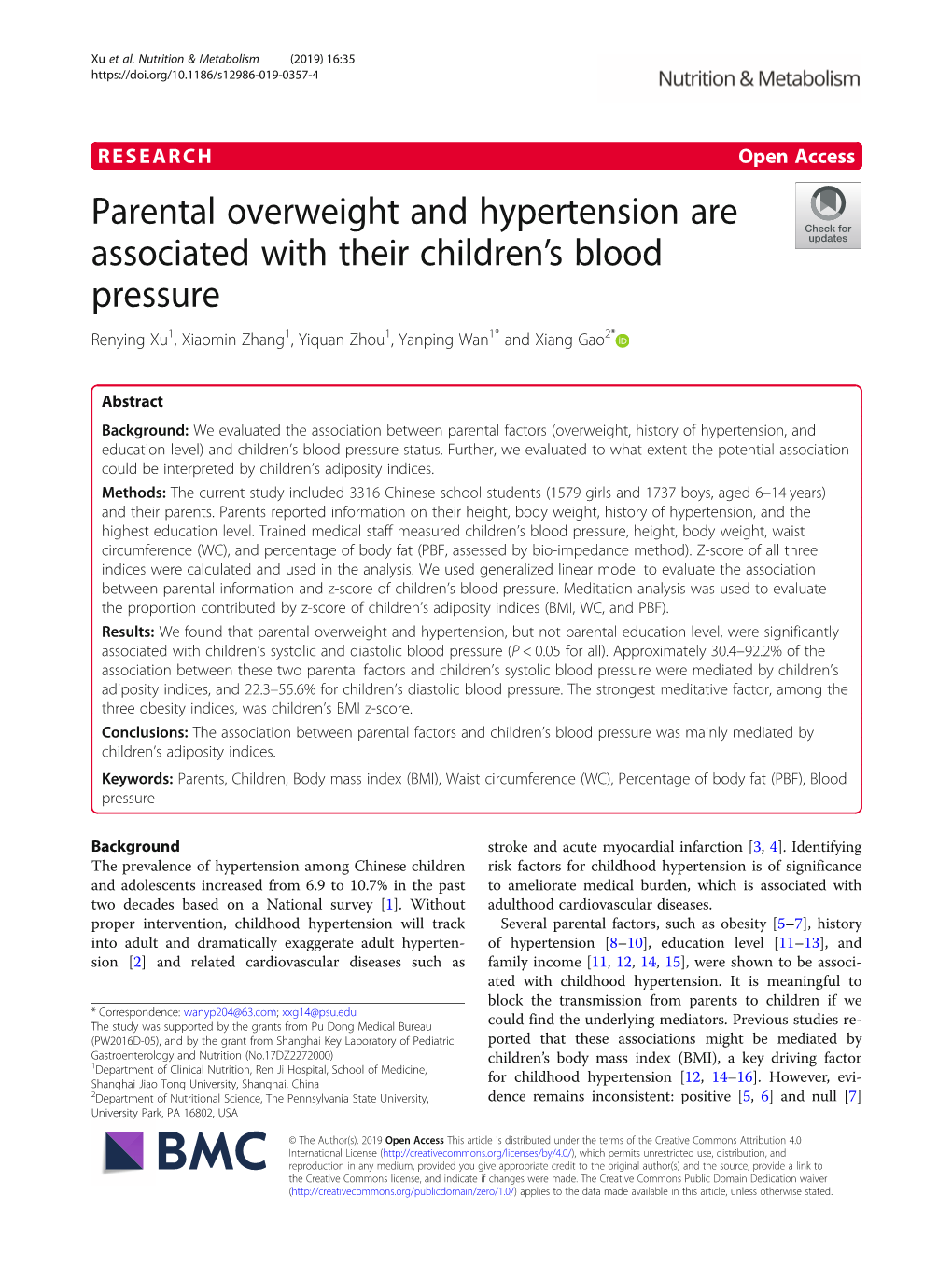 Parental Overweight and Hypertension Are Associated with Their Children's