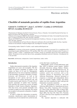 Review Article Checklist of Nematode Parasites of Reptiles from Argentina
