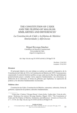 THE CONSTITUTION of CÁDIX and the FILIPINO of MALOLOS: SIMILARITIES and DIFFERENCES* La Constitución De Cádiz Y La Filipina De Malolos: Similaridades Y Diferencias