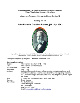 John Franklin Goucher Papers, [16??] – 1962