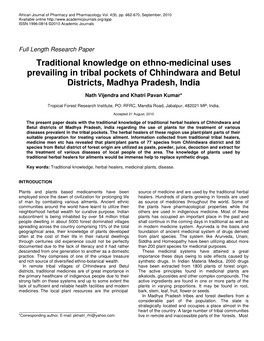 Traditional Knowledge on Ethno-Medicinal Uses Prevailing in Tribal Pockets of Chhindwara and Betul Districts, Madhya Pradesh, India