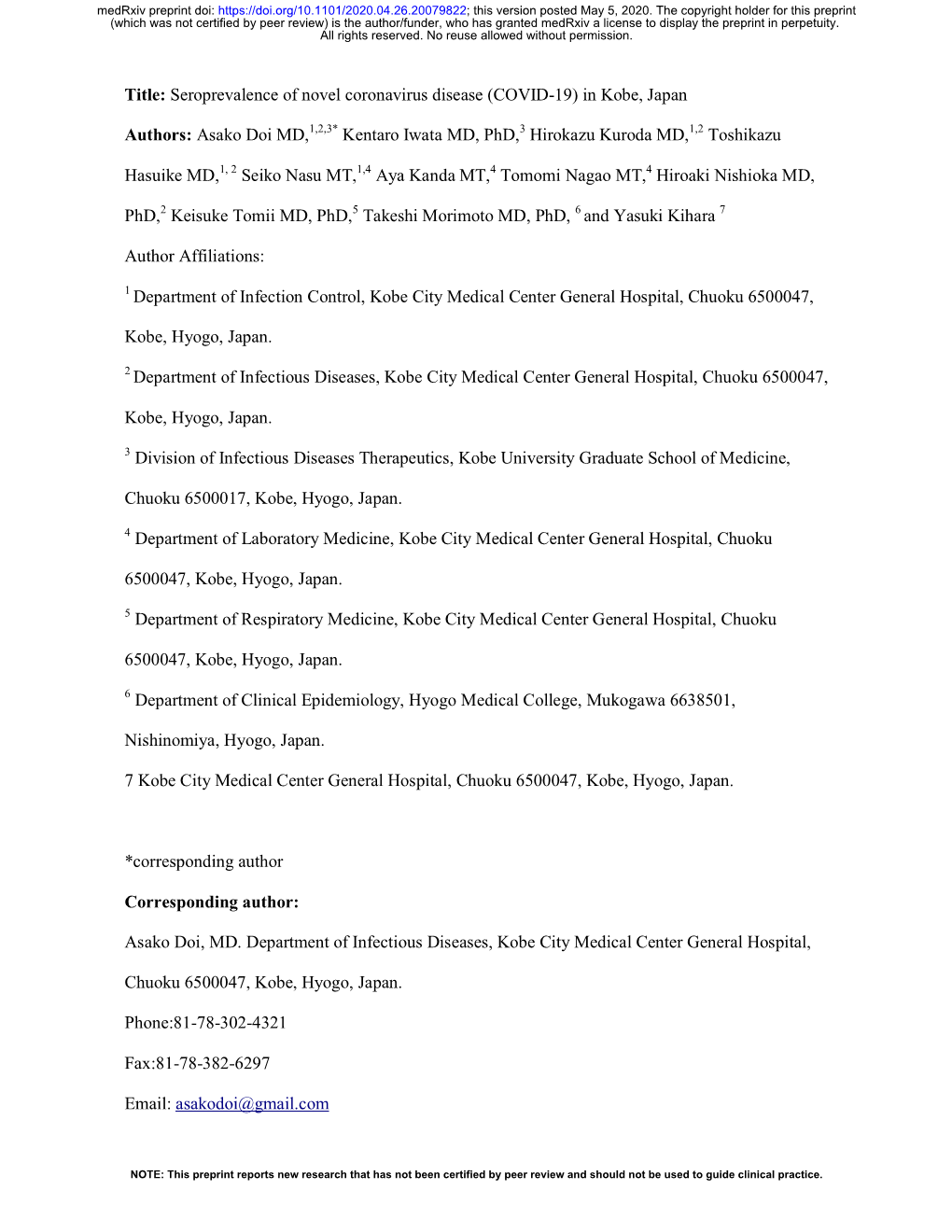 Seroprevalence of Novel Coronavirus Disease (COVID-19) in Kobe, Japan