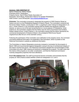 1826 CHESTNUT ST Name of Resource: Aldine Theatre Proposed